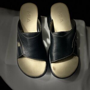 Mia Black Leather Slide On Block Sandals